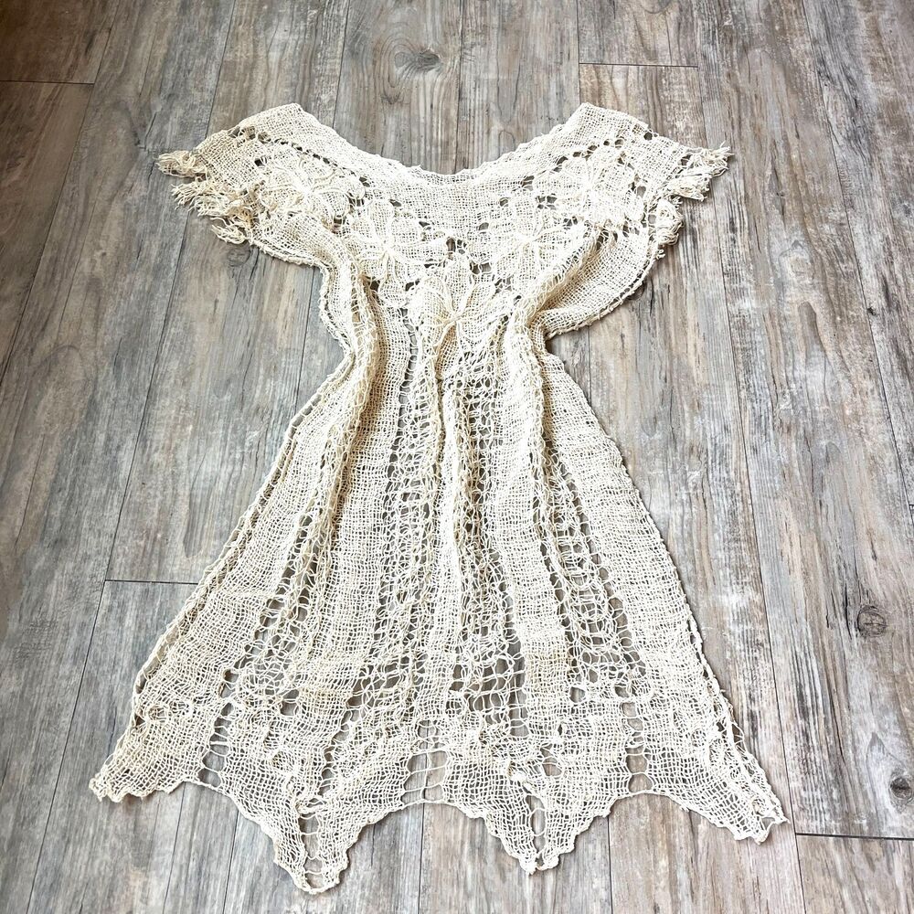 Beige Vintage Crochet Top Medium Summer Knit Dress Boho Beach Sexy Crochet Long - Picture 2 of 6